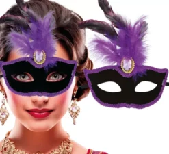 Maschera veneziana nera con piume lilla