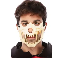 Mezza maschera da scheletro adulto con zanne che misura 14x16,5 cm