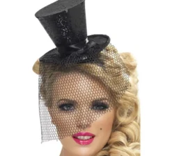 Mini cappello burlesque nero con velo per donna