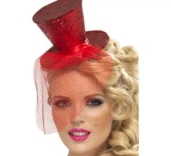 Mini cappello burlesque rosso con velo per donna