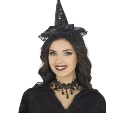 Mini cappello da strega con paillettes nere