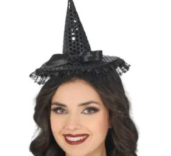 Mini cappello da strega con paillettes nere