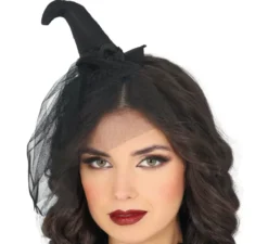 Mini cappello da strega nero con velo nero