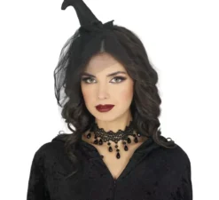Mini cappello da strega nero con velo nero