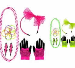 Neon Kit in vari colori anni '80: Cerchietto, Collana, Bracciali, Orecchini e Guanti