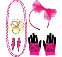 Neon Kit in vari colori anni '80: Cerchietto, Collana, Bracciali, Orecchini e Guanti