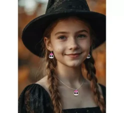 Orecchini e collana con teschio e fiocco