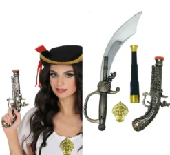 Pacchetto armi pirata: spada, pistola, cannocchiale e medaglia di plastica