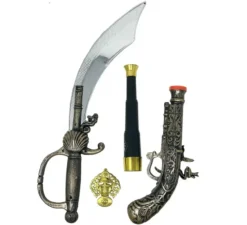 Pacchetto armi pirata: spada, pistola, cannocchiale e medaglia di plastica