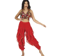 Pantaloni di danza del ventre rossi con frange dorate