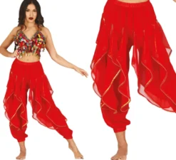 Pantaloni di danza del ventre rossi con frange dorate