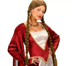 Parrucca da donna medievale rinascimentale marrone con trecce in scatola