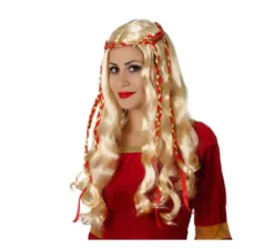 Parrucca donna bionda medievale con fiocco rosso