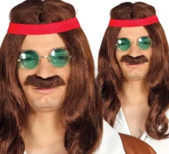 Parrucca hippie con nastro e baffi