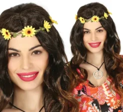 Parrucca hippie nera con fiori