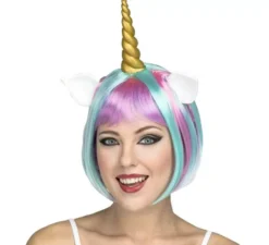 Parrucca multicolore di unicorno con corno e orecchie