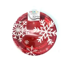 6 Piatti Carta Rossa con Fiocchi di Neve 18 cm