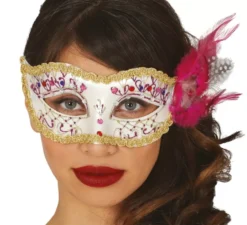 Piuma bianca maschera con Rosa