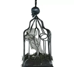 Scheletro di gufo in gabbia con suono, luce e movimento, 33 cm