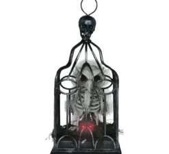 Scheletro di gufo in gabbia con suono, luce e movimento, 33 cm