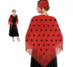 Scialle Sevillana o Chulapa rosso con pois neri, 150x60 cm