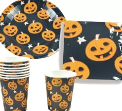 Set di zucca di halloween (6 piatti, 6 bicchieri e 6 tovaglioli)