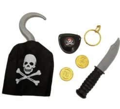 Set pirata: gancio, coltello, monete, orecchini e patch