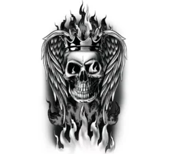 Tatuaggio con teschio fiammeggiante in bianco e nero