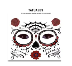 Tatuaggio viso adulto con rose rosse Catrina