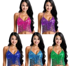 Top da donna con paillettes e frange in vari colori