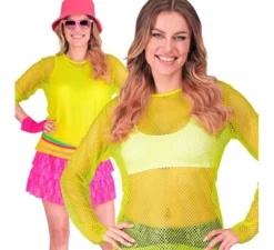 T-shirt a maniche lunghe in rete giallo neon da donna
