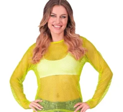 T-shirt a maniche lunghe in rete giallo neon da donna